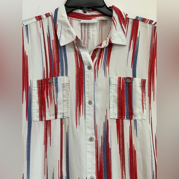 NWT Westbound Petites XL Red White Blue Short Sleeve Point Collar Button Blouse - Picture 8 of 11